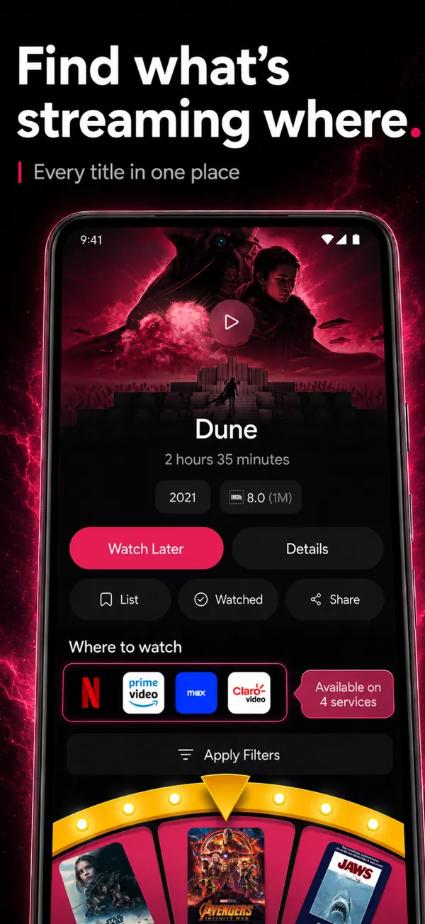 Where to watch a movie in The Movie App, with the available services